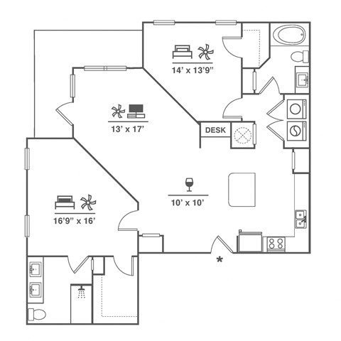 Floor plan for 2 beds, 2 baths, 1326 sqft